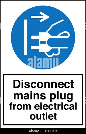 Safety Sign – Disconnect Mains Plug From Electrical Outlet reminds workers to unplug electrical equipment before maintenance or cleaning. Prevents ele Stock Vector