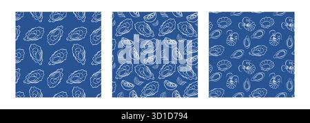 Vector set of seamless seafood patterns with oysters, shrimps, and lemon slices in outline style on blue background. Great for seafood packaging and r Stock Vector