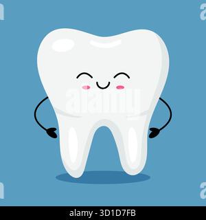 Smiling kawaii tooth on a blue background. Perfect for dental posters, kid-friendly healthcare graphics and educational materials. Stock Vector
