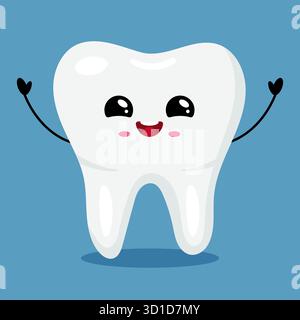 Smiling Kawaii Tooth Character on Blue Background Stock Vector