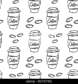 A delightful pattern featuring coffee cups in various designs along with coffee beans Stock Vector