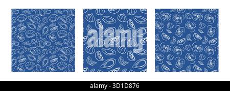 Intricate seafood pattern featuring various shellfish and ocean elements on a deep blue background Stock Vector