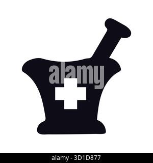 Classic Pharmacy Logo: Mortar and Pestle Silhouette with Integrated White Medical Cross Icon Stock Vector