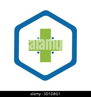 Scientific Healthcare Logo: Hexagon Icon with Green Medical Cross for Tech and Pharmacy Stock Vector