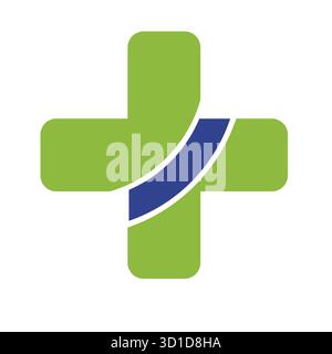 Flowing Healthcare Logo: Green Medical Cross with Dynamic Blue and White Diagonal Stripe Stock Vector