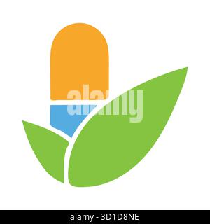 Natural Medicine Logo: Colorful Capsule Icon Nestled in Green Organic Plant Leaves Stock Vector