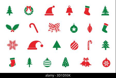 Christmas icon set, Christmas red and green icon set, Christmas icon bundle, Christmas icon svg, Christmas icon illustration. Stock Vector