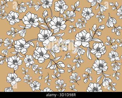 A black and white hand-drawn floral seamless pattern on a beige background, suitable for fabric prints, garments, wallpapers, wrapping paper, and othe Stock Vector