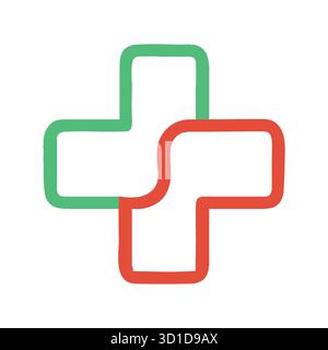 Interconnected Health: Modern, Hand-Drawn Medical Cross Logo Design in Green and Red Stock Vector