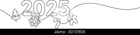 2025 christmas banner one line drawing continuous decoration copy space. gingerbread man pinaceae candy cane and snowflake icon symbol element minimal Stock Vector