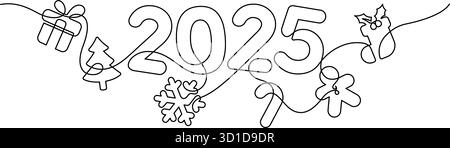 2025 christmas celebration one line drawing continuous illustration. christmas ornament gingerbread man, pinaceae, candy cane, pine tree, mistletoe so Stock Vector