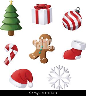 Cute Christmas Iconic Elements Set: Tree, Candy Cane, Snowflake, Bauble, Gingerbread Man, Santa Hat & Gift Box Isolated Graphics Stock Vector