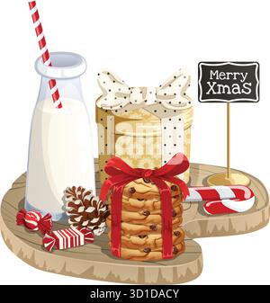 Merry Xmas Composition with Milk, Cookie Stacked with Red Ribbon, Candy Cane, Candies, Gift Box & Pine Cone on Rustic Wooden Board Stock Vector