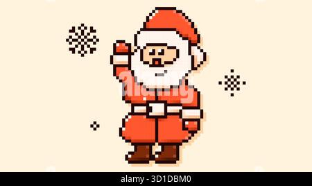 Pixel art cute Santa Claus with 8 bit snowflakes. Stock Vector