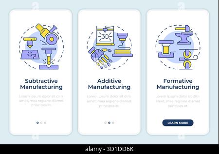 Types of manufacturing methods onboarding mobile app screen Stock Vector