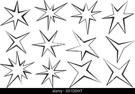 Irregular star shapes. Abstract vector random spiky sparks with geometric funky flashes with rays. Black retro sparkles on white background Stock Vector