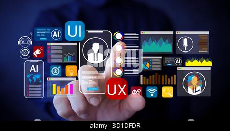 Futuristic concept of artificial intelligence UI UX design showing hand touching virtual dashboard with charts, chatbot, and digital elements represen Stock Photo