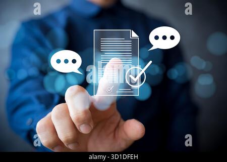 Business communication and document approval concept showing hand touching digital paper with chat bubbles and checkmark icons representing workflow v Stock Photo