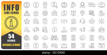 Information Line Icon Vector Set. A Collection Of 54 Thin Line Editable Stroke Icons Representing Help, Support, Alerts, Tips, And Communication. Perf Stock Vector