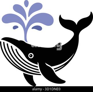 Baleen Whale Vector – Stylized Marine Icon with Water Spout and Bold Black Design Stock Vector