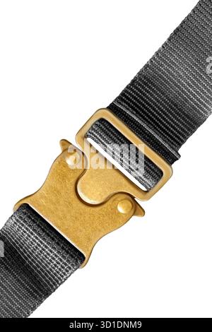 Yellow metal fastex clasp on black belt isolated on white background Stock Photo