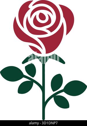Abstract Red Rose Vector – Minimalist Floral Icon with Green Stem and Spiral Petals Stock Vector