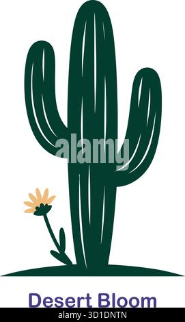 Desert Bloom Cactus Vector – Stylized Nature Icon with Flower and Text for Arid Themes Stock Vector