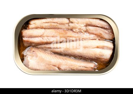 Canned sardines, fillets in vegetable oil, skinless and boneless, in tin can, isolated, from above. Wild-caught sardines, also called pilchards. Stock Photo