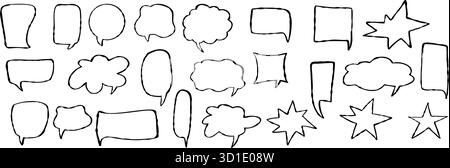Outline Crayon Speech Bubble set. Curvature Chalk Freeform Hand Drawn, various Shapes. Isolated Abstract Textured doodles. Various talk, thought Stock Vector