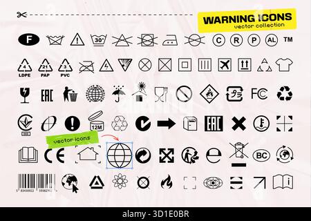 Collection of vector warning icons, clothing care label signs, recycle symbols and packaging marks. Utilitarian normcore design elements. Vector EPS10.. Stock Vector