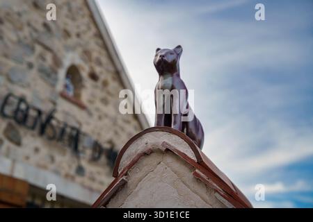 A bronze cat statue sits proudly on a tiled roof, overlooking the Parisian cityscape. Stock Photo