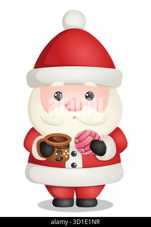Cute Chibi Santa Claus with Concha Sweet Bread and Champurrado Hot Chocolate. Mexican Christmas Concept Character Art Stock Vector
