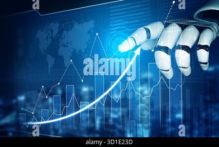 A futuristic robot hand interacts with a digital graph displaying data trends, set against a blue background featuring a world map, symbolizing innova Stock Photo