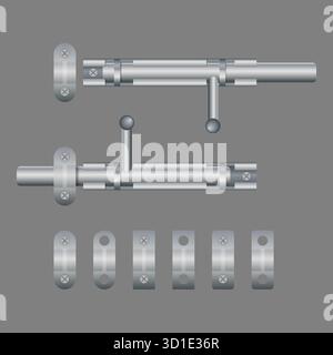 Sliding bolt latch mechanism set. Vector illustration of door and gate lock hardware components Stock Vector
