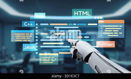 A robotic hand interacts with a vibrant coding language interface in a modern tech environment, symbolizing the future of programming and innovation i Stock Photo