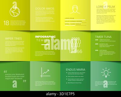 A vibrant green and yellow infographic template with eight sections, showcasing data visualization and information. This versatile infographic templat Stock Vector