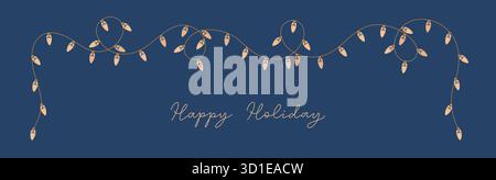 Glowing holiday lightbulb garland string. Golden Christmas, New Year light festoon border for card, banner, poster. Vector festive string. Stock Vector