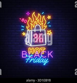Neon sign with burning shopping bag and percent symbol. Includes text Hot Black Friday and glowing stars. Perfect for sale and promo visuals. Vector Stock Vector
