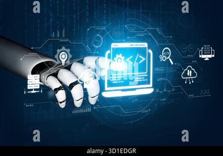 AI streamlines web development with smart coding tools, interface automation, and futuristic design systems for building efficient online platforms. A Stock Photo