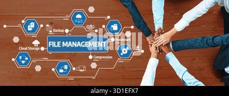 Engaging visual representation of file management showcasing collaboration among professionals with hands above a table and digital icons highlighting Stock Photo