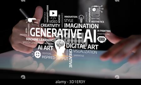 Close-up of hands interacting with a digital tablet displaying concepts of generative AI, emphasizing creativity and innovation in technology and mode Stock Photo