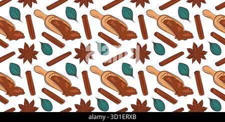 Seamless pattern with cinnamon stick, star anise, wooden scoop with ground spice and green leaf on white background. Design for culinary, baking or Stock Vector