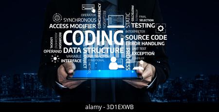 A businessman in a suit holds a tablet displaying various coding concepts in a digital overlay, set against a vibrant cityscape at night, symbolizing Stock Photo
