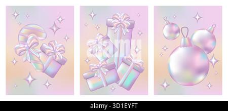 3d holographic Merry Christmas Poster or banner set with Pink Chrome Candy Cane, Gift box, Baubles in Y2K style. Christmas element for Retail, Shopping or Christmas Promotion. 3D chrome bubble art Stock Vector