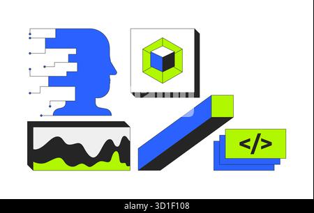 Digital tools and artificial intelligence 2D cartoon objects set Stock Vector