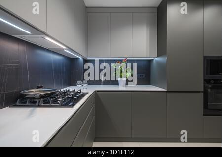 Luxury grey, white and blue kitchen details at the worktop corner Stock Photo