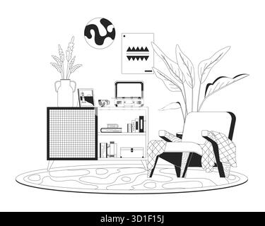 Bohemian eclectic nook with suitcase turntable outline illustration Stock Vector