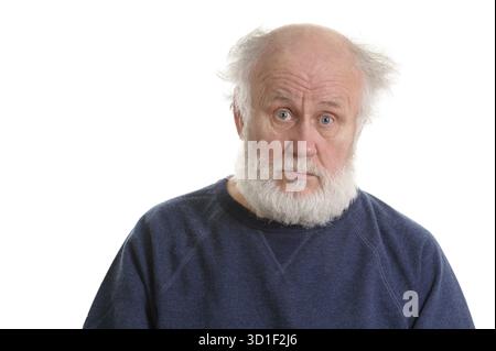 Calm and sad depressing old bald man isolated portrait isolated on white Stock Photo