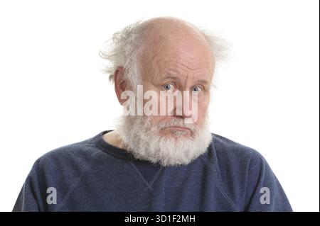 Sad depressing old bald man isolated portrait isolated on white. sad grandfather Stock Photo