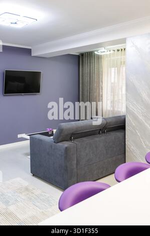 Modern studio apartment interior, view from kitchen to living room zone, clean design Stock Photo